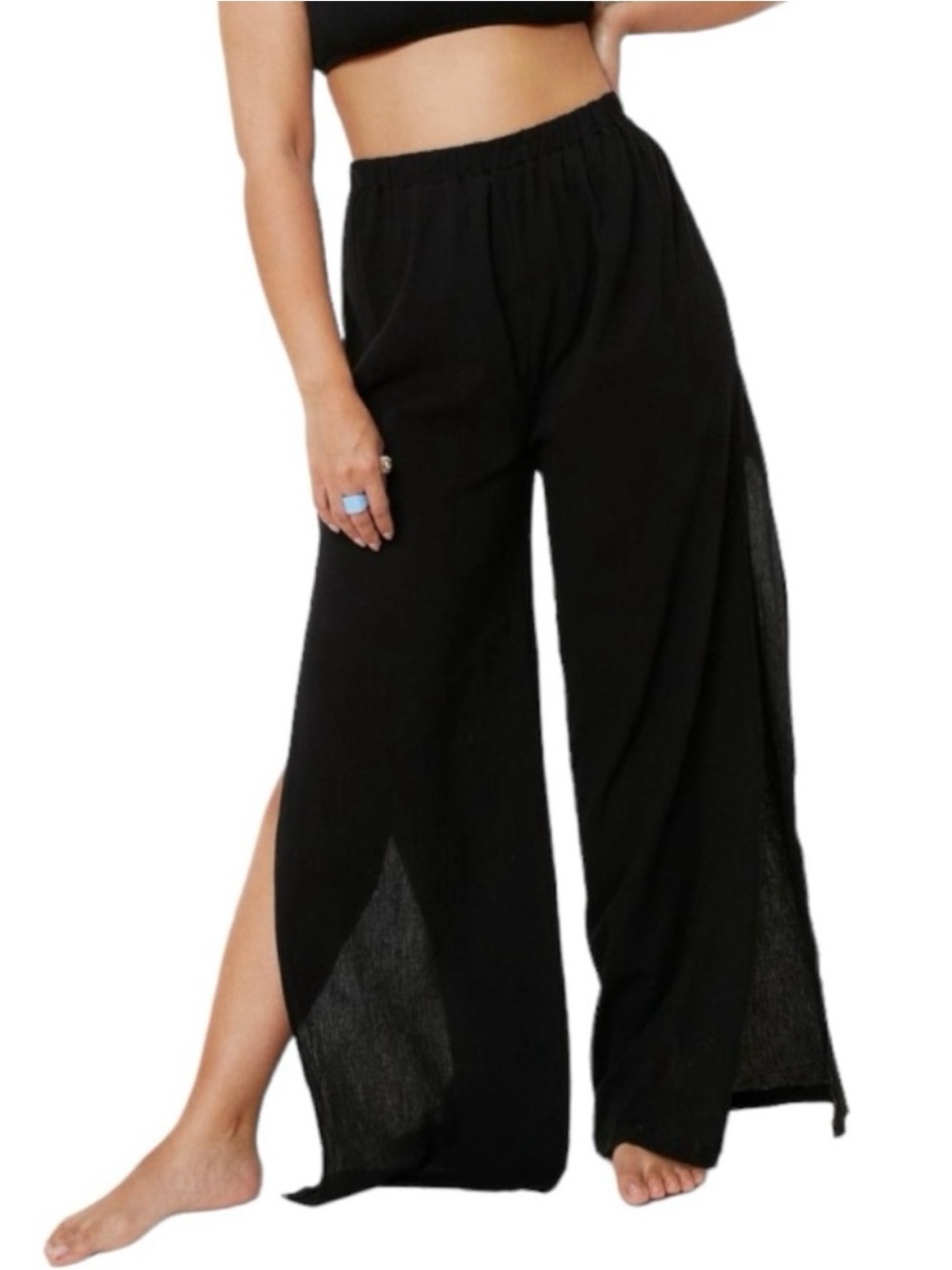 Salty Lemon Anthropologie Black Wide Leg Tassel Drawstring Pants Large